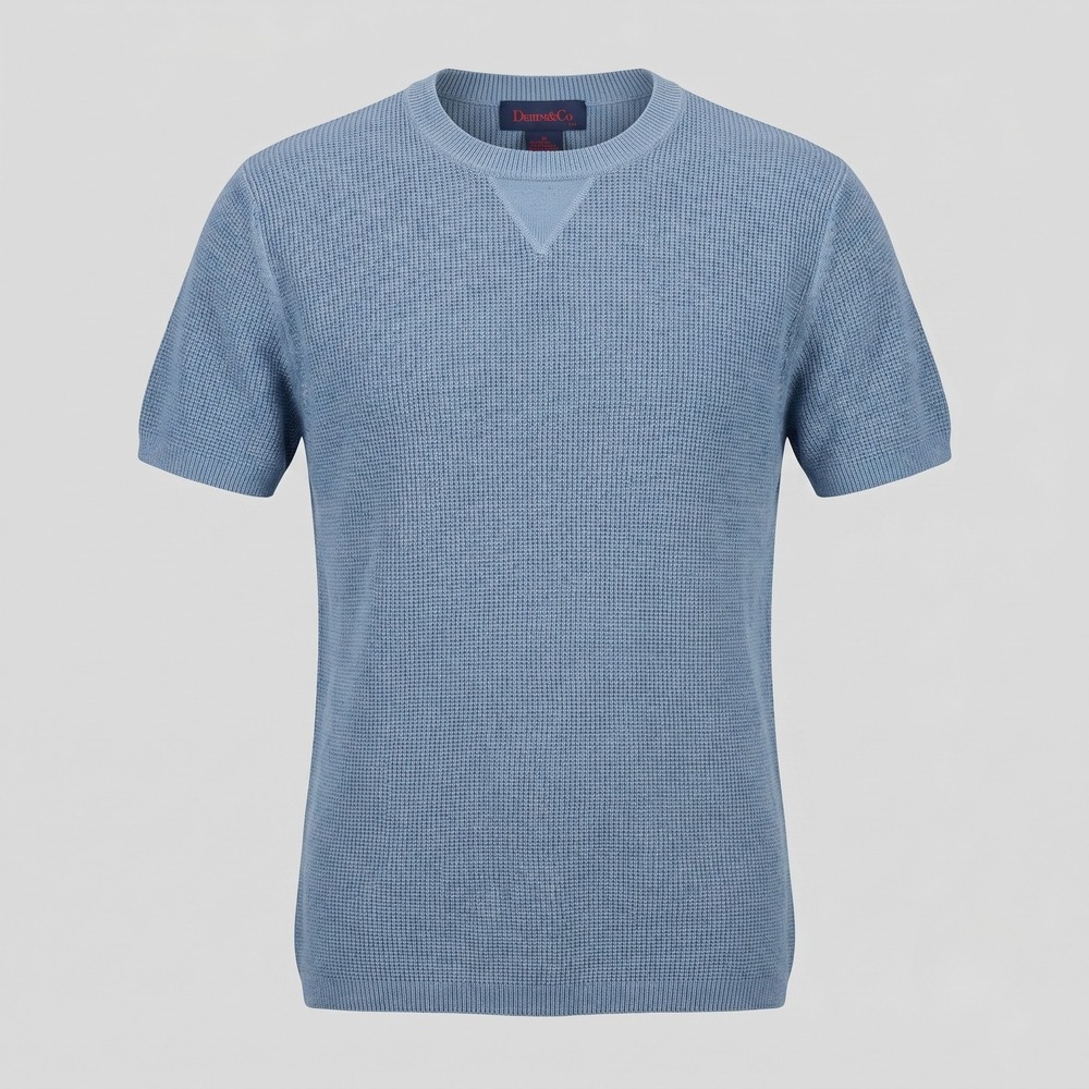 Denim & Co Womens Small Blue Sweater Top Short Sleeve Waffle Knit Ramie Cotton‎